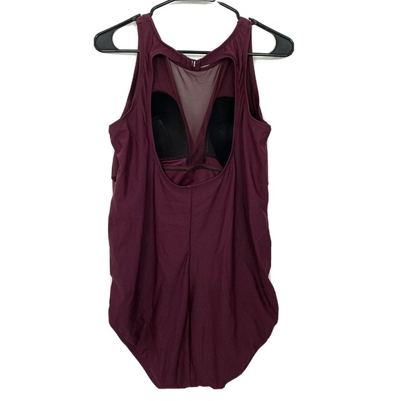 Aqua Green Burgundy Mesh Inset One Piece Swimsuit - Picture 6 of 8
